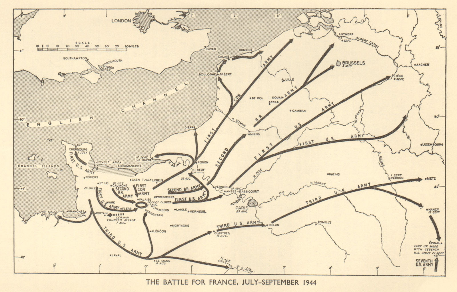 Battle for France, July-September 1944. World War 2. Normandy Landings 1954 map